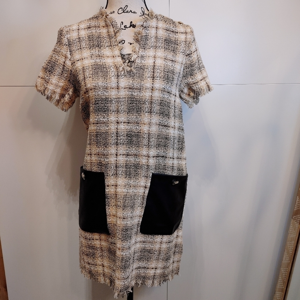 ZARA Tweed Plaid Mini Dress with Faux Leather Pockets | NWT XS